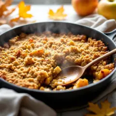 Un délicieux crumble aux pommes tout juste sorti de la poêle, fumant et prêt à être dégusté. Une cuillère en bois attend patiemment.
