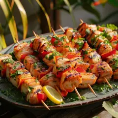 Délicieux accompagnement brochette de poisson grillé, garni de persil frais et de quartiers de citron, prêt à être dégusté.
