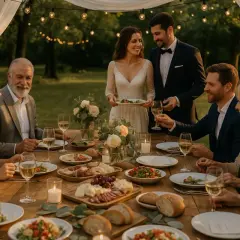 Un joyeux repas de mariage en plein air, avec des invités souriants autour d'une table dressée.