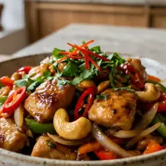 Délicieux poulet thaï aux noix de cajou, poivrons, oignons et coriandre fraîche. Un plat savoureux et coloré.