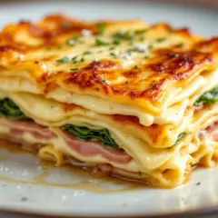 Lasagnes poireaux béchamel dorées, garnies de jambon et d'épinards, sur une assiette grise.
