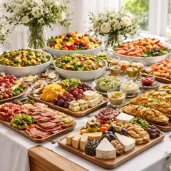 Un magnifique buffet dinatoire de mariage, avec salades colorées, charcuteries, fromages et fruits, prêt à régaler les invités.