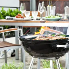 Un barbecue est allumé, des crevettes et du poisson grillent sur la grille. La table est dressée pour un repas en plein air.