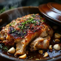 Rouelle de porc juteuse, dorée et fumante, baignant dans sa sauce avec des gousses d'ail et des herbes. Un délice à savourer !
