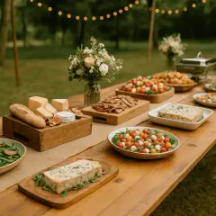 Buffet champêtre avec fromages, pain, salades de tomates et mozzarella, haricots verts, terrine. Une belle idée repas mariage champêtre.