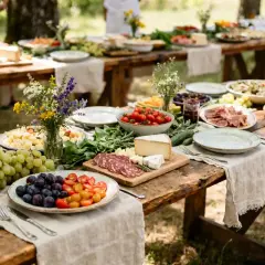 Un magnifique buffet champêtre pour un anniversaire, avec fruits frais, fromages, charcuterie et salades, dressé sur des tables en bois rustiques en extérieur.