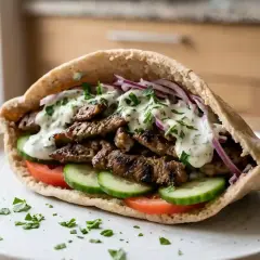 Un généreux sandwich pita garni de fines tranches de viande marinée kebab, de tomates, de concombres, d'oignons rouges et d'une sauce blanche crémeuse.