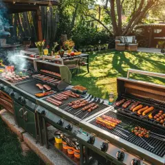 Un grand barbecue en plein air, prêt pour un apéro barbecue. Des saucisses, brochettes et légumes grillent sur plusieurs niveaux, dans un jardin ensoleillé.