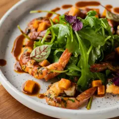 Assiette de crevettes flambées, cubes de mangue et roquette, arrosée d'une sauce caramélisée.
