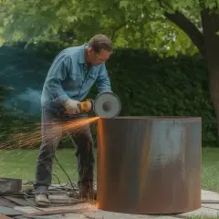 Un homme utilise une meuleuse pour façonner un grand cylindre en métal, peut-être pour un brasero. Des étincelles jaillissent, rappelant une bétonnière en action.