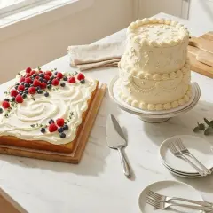 Gâteau rectangulaire décoré de fruits rouges, parfait pour une recette de gâteau pour 20 personnes. Un autre gâteau à étages est à côté.