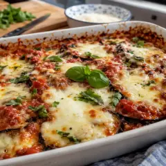 Un plat de gratin de **aubergines grillées au four**, couvert de sauce tomate et de fromage fondant, garni de basilic frais.