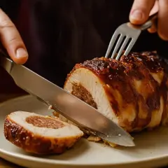 Un délicieux filet mignon farci au barbecue, coupé en tranches, prêt à être dégusté. La vapeur s'échappe de cette viande savoureuse.