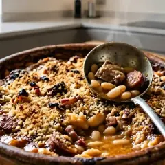 Un plat fumant de cassoulet maison, recette grand-mère, avec une louche remplie de haricots blancs, saucisse et viande.