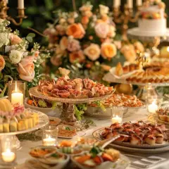 Un buffet somptueux, la formule parfaite pour un mariage : fleurs, bougies et délices sucrés et salés.