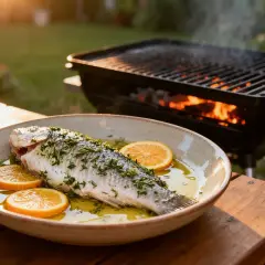 Poisson entier préparé pour un barbecue, servi avec des rondelles d'orange et des herbes. Le barbecue est allumé en arrière-plan.