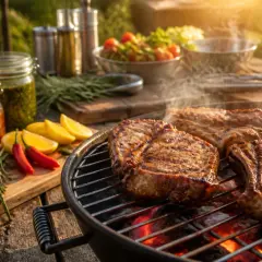 Délicieuse grillade de porc sur le barbecue, avec des accompagnements frais et des herbes aromatiques.