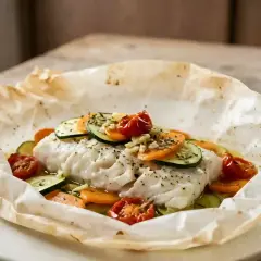 Dos de cabillaud en papillote d'aluminium, garni de rondelles de courgettes, carottes et tomates cerises.