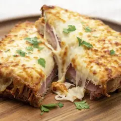 Un délicieux croque monsieur à la poêle, avec son fromage fondant et sa garniture de jambon, parsemé de persil frais.