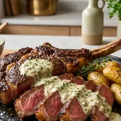 Un généreux côte de boeuf pour 6, tranché et nappé de sauce crémeuse, accompagné de pommes de terre rôties et d'herbes fraîches.