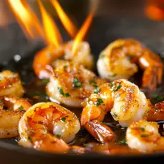 Crevettes flambées au whisky, ail et persil, dorées et savoureuses, dans une poêle avec des flammes vives.