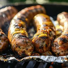 Quatre andouillettes grillées sur un barbecue, posées sur du papier aluminium. La sauce dégouline, promettant un délice.