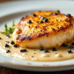 Un plat invité : un pavé de poisson doré, nappé d'une sauce onctueuse parsemée d'olives noires et d'une touche de persil.