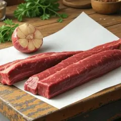 Trois morceaux de viande rouge crue, prêts pour un merlan au barbecue, avec de l'ail et du persil sur une planche en bois.