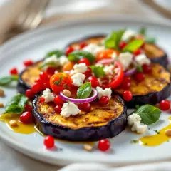 Délicieuse idée : que faire avec 1 aubergine ? Des rondelles grillées garnies de tomates, feta, grenade et basilic. Un plat coloré et savoureux.