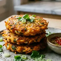 Pile de galettes de patate douce à la poêle, garnies de coriandre et d'oignons verts, servies avec une sauce piquante.