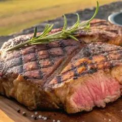 Un succulent côte à l'os barbecue, parfaitement grillé, avec une touche de romarin. La cuisson est idéale, révélant une viande rosée et tendre.