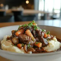 Un plat réconfortant de bœuf braisé, carottes et petits oignons, servi sur une purée de pommes de terre. La sauce riche suggère un bon deglacer oignons.
