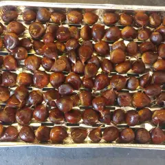 Plateau rempli de châtaignes prêtes à être grillées au barbecue. Elles sont brillantes et bien rangées.