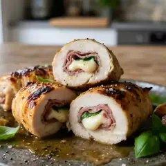 Délicieux involtini de poulet grillés, farcis de jambon et de fromage fondant, servis avec des herbes fraîches et de l'ail rôti.