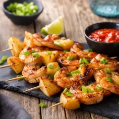 Brochettes de crevettes grillées et d'ananas, garnies de ciboule. Une excellente idée repas de décembre, servie avec sauce piquante et sauce blanche.