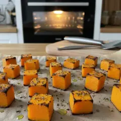 Dés de butternut braisé, dorés et parsemés d'herbes, prêts à être dégustés. Un délice simple et savoureux.