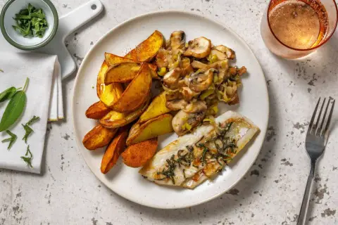 Filet de merlu avec peau à la poêle, accompagné de pommes de terre rôties et d'une poêlée de champignons et poireaux.