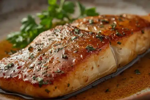Filet de black bass poêlé, nappé d'une sauce dorée et parsemé d'herbes. Une recette simple et savoureuse.