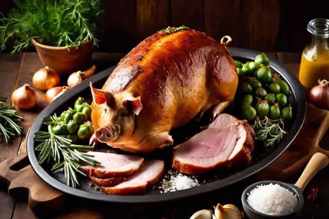 Un cochon rôti, prêt à être dégusté. Une présentation appétissante pour apprendre comment faire un cochon parfait.
