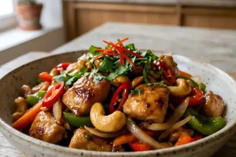 Délicieux poulet thaï aux noix de cajou, poivrons, oignons et coriandre fraîche. Un plat savoureux et coloré.