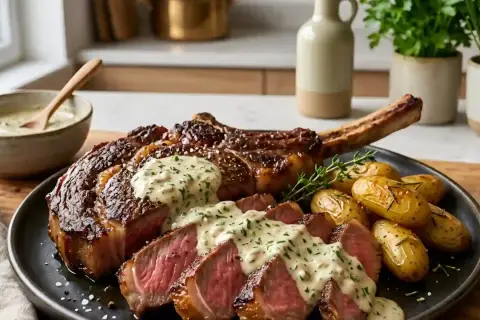 Un généreux côte de boeuf pour 6, tranché et nappé de sauce crémeuse, accompagné de pommes de terre rôties et d'herbes fraîches.
