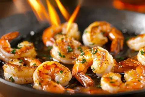 Crevettes flambées au whisky, ail et persil, dorées et savoureuses, dans une poêle avec des flammes vives.