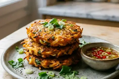 Pile de galettes de patate douce à la poêle, garnies de coriandre et d'oignons verts, servies avec une sauce piquante.