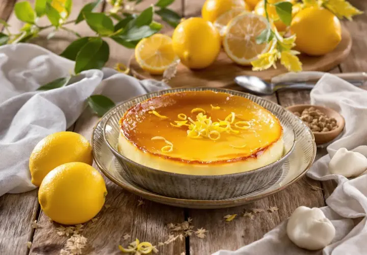 Délicieux pastizzu recette corse, un flan crémeux au citron, garni de zestes frais. Parfait pour un dessert ensoleillé.