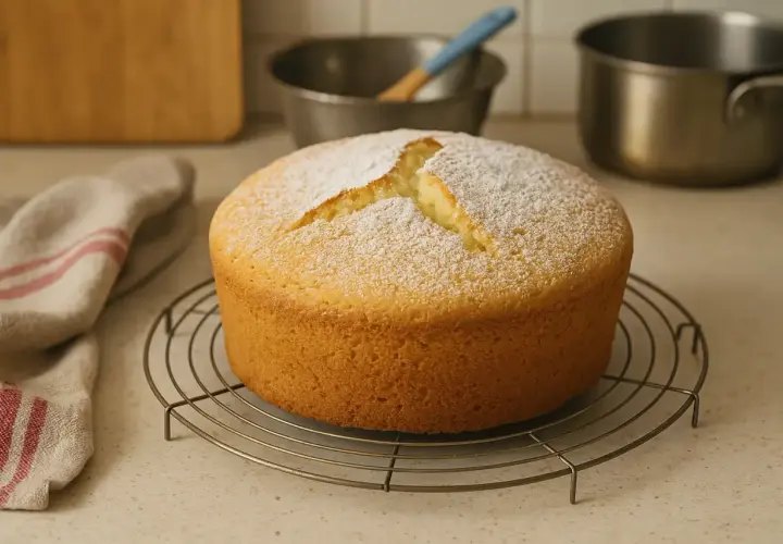 Un gâteau de Savoie bien gonflé, saupoudré de sucre glace, repose sur une grille. Une serviette à rayures rouges est à gauche.