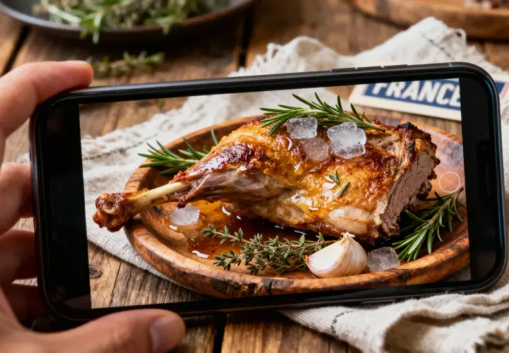 Selle d'agneau 800g rôtie, servie avec des herbes, de l'ail et des glaçons. Le temps de cuisson parfait pour ce plat savoureux.