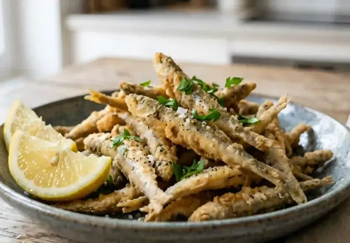 Un plat de petit poisson frit, croustillant et doré, garni de persil frais et de quartiers de citron.