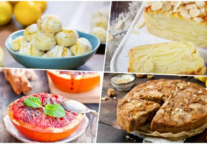 Délicieux assortiment de desserts pour un dessert de février : biscuits citronnés, gâteau aux pommes et aux amandes, pamplemousse rôti et tarte aux noix.
