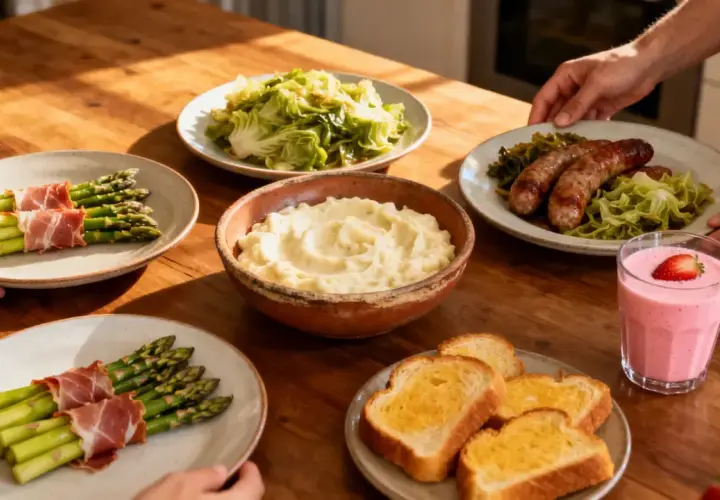 Une table dressée avec une recette gourmande salée : asperges enroulées de jambon, purée, saucisses, chou et toasts beurrés.