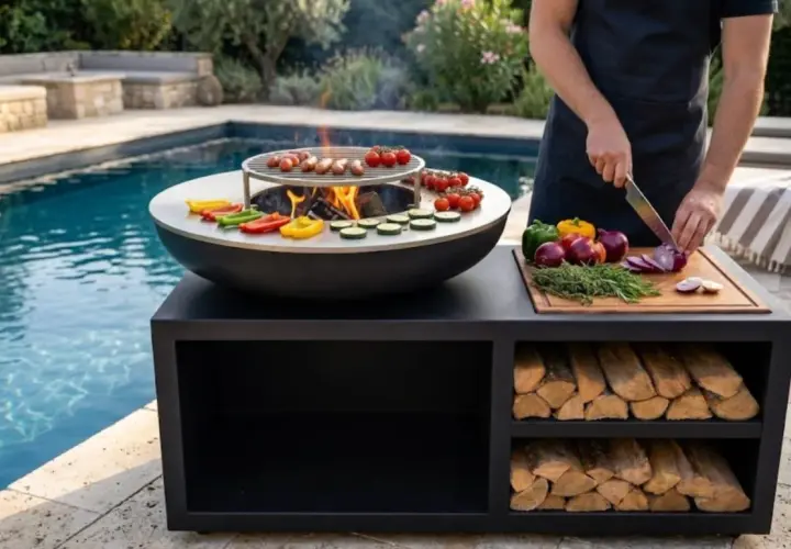 Un brasero plancha DIY prêt pour un festin au bord de la piscine. Saucisses grillées, légumes colorés et feu de bois crépitant.